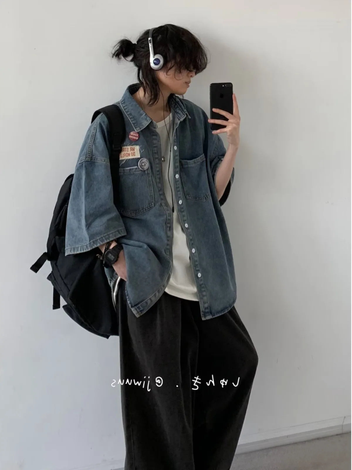 American Cityboy Washed Denim Short Sleeved Shirt Men's Versatile Loose Fitting Shirt Denim Jacket Trendy Coat