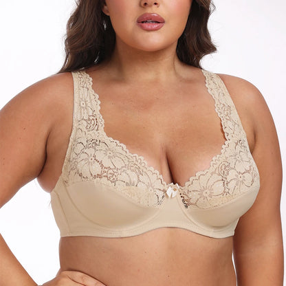 Plus Size Lace Bra - Women's Underwire Floral Lace Brassiere with Adjustable Straps