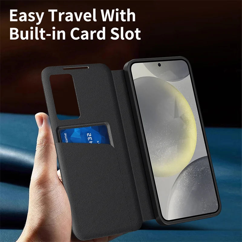For Samsung Galaxy S25 S23 S24 S26 Ultra S25Plus Case Original PU Leather Card Pocke Flip Smart Display Transparent Window Cover