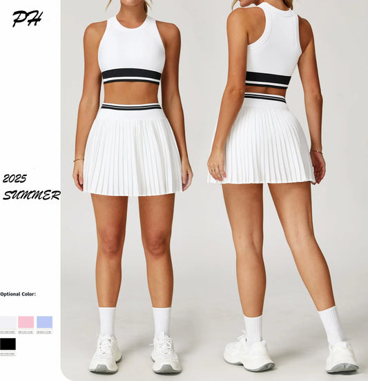 2Pcs Set Tennis Yoga Sportswear Women Glolf Badminton Running Fitness Set Nude Workout Tracksuit Quick Dry Sport Skirts Bra Suit