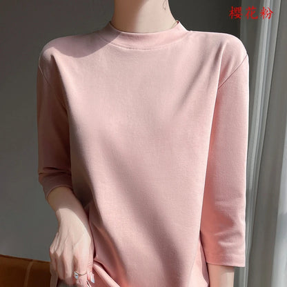 Cotton Cropped T-Shirt - Women's Semi-High Neck Loose Fit Three Quarter Sleeve Top