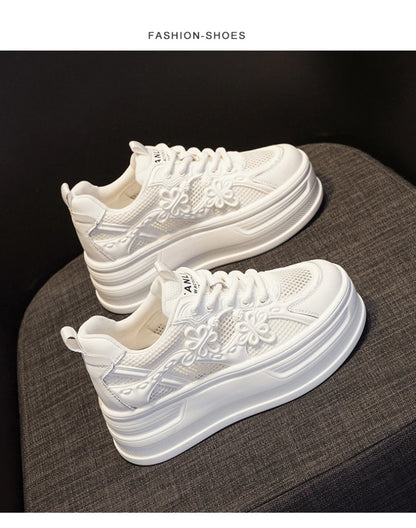 Womens White Mesh Platform Sneakers Breathable Thick Sole Casual Shoes With Flower Embroidery Lightweight Non Slip For Summer Da