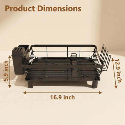 Large-capacity black carbon steel dish drying rack with cup holder and drainage system, kitchen storage organizer.
