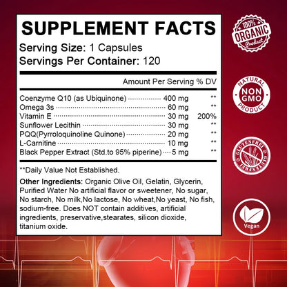 120pcs Organic Q10 Coenzyme 400mg Capsules Cardiovascular and Heart Health Energy Vitamins Beauty and Health