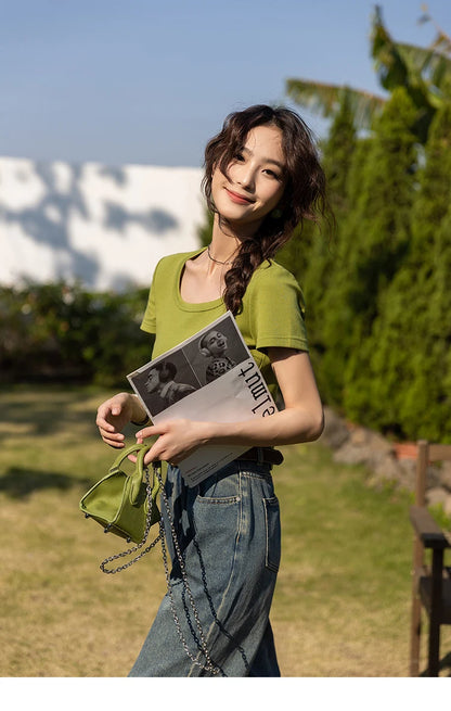Women's Square-Neck T-Shirt – Elegant Cotton Short-Sleeve Top