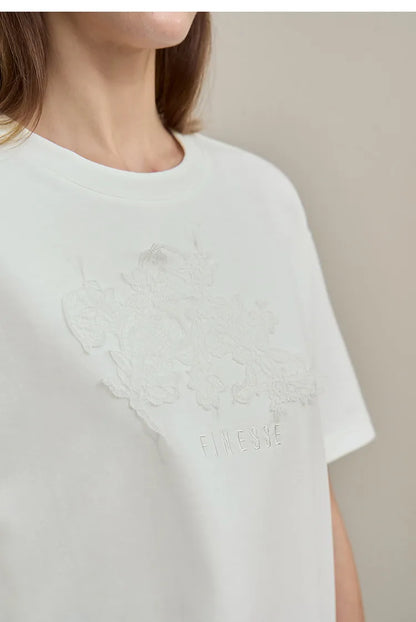 Amii Women's T-Shirt 2026 Summer New Round Neck Drop Shoulder Cotton Tee Lace Embroidered Woman Loose Fit knit Tops 12622048