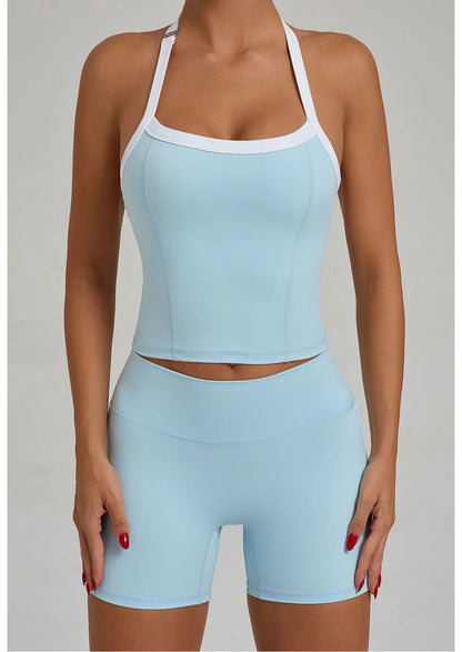 Fashion Patchwork Skinny Shorts Set Gym Women Workout Clothing Summer Sleeveless Backless Fitness Sport Suit Women Sportwear Red