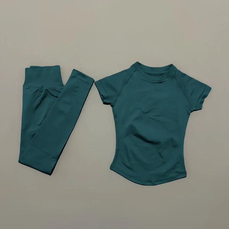 2 Piece Women Solid Color Set Summer Casual Short Sleeve T-Shirt High Waist Long Pants Soft Breathable Tracksuit Daily Outfit