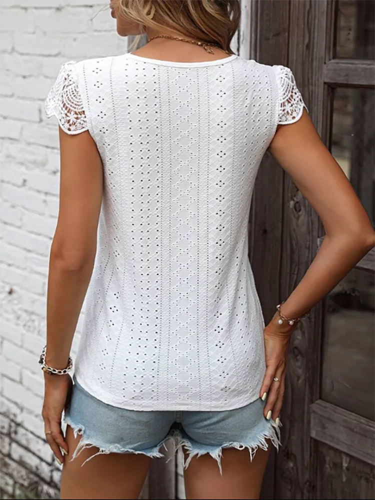 Women's T-Shirt Spring Summer White V Neck Lace Short Sleeve Button Front Eyelet Breathable Fresh Elegant Daily Casual Top