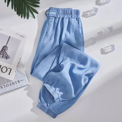 Plus Size Ice Silk Denim Pants Yoga Sports Thin Loose Style Women's Summer Casual Wide Leg Pants Harajuku Style Loose Waist