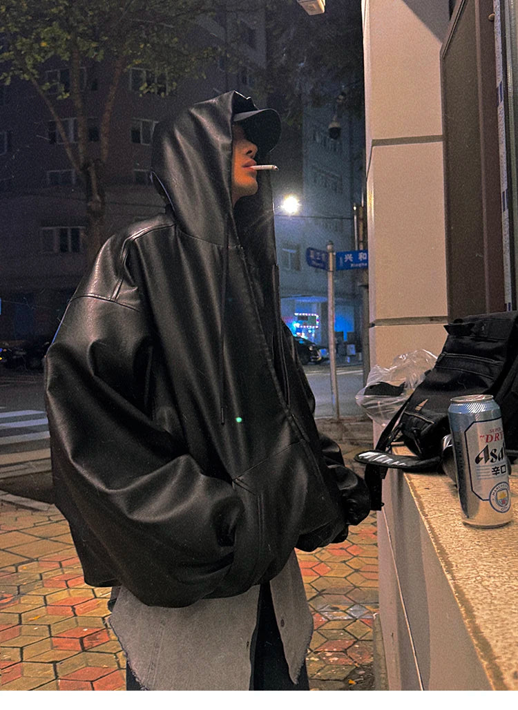 Mauroicardi Spring Autumn Short Oversized Black Soft Pu Leather Jacket Men with Hood Zipper Loose Casual Korean Fashion Clothes
