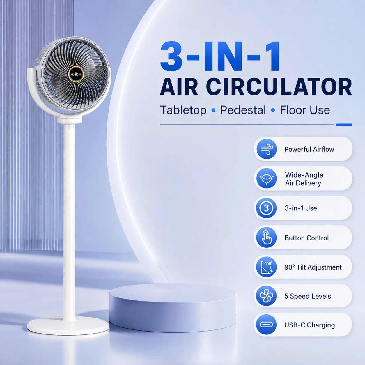 Modern 2-in-1 Floor Desk Air Circulator Fan 5 Speeds Powerful Airflow Portable USB Pedestal Fan for Home Bedroom Office