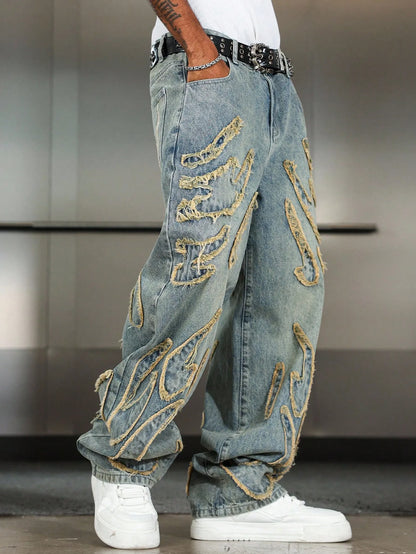 Men's Street Style Casual Patchwork Embroidered Frayed Hem Macau Blue Denim Jeans Trendy Loose Fit Straight Leg Pants