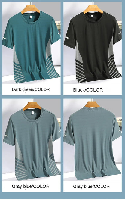 Running T-shirt Men Summer Ice Silk Thin Top Reflective Printing Quick Dry Short Sleeve Breathable Fitness Sports T-shirt 5XL