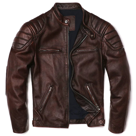 2025 Vintage Brown Genuine Leather Jacket Real Natural Cowhide Men Motorcycle Biker Coat Mens Slim Calf Skin Coat