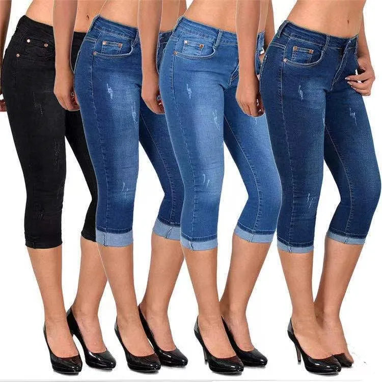 2026 Summer Women's Skinny Denim Pants Mid Waist Stretch Capri Pants Knee Length Trousers Fashion New Ladies Pencil Pants Jeans
