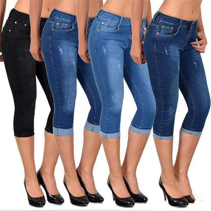 2026 Summer Women's Skinny Denim Pants Mid Waist Stretch Capri Pants Knee Length Trousers Fashion New Ladies Pencil Pants Jeans