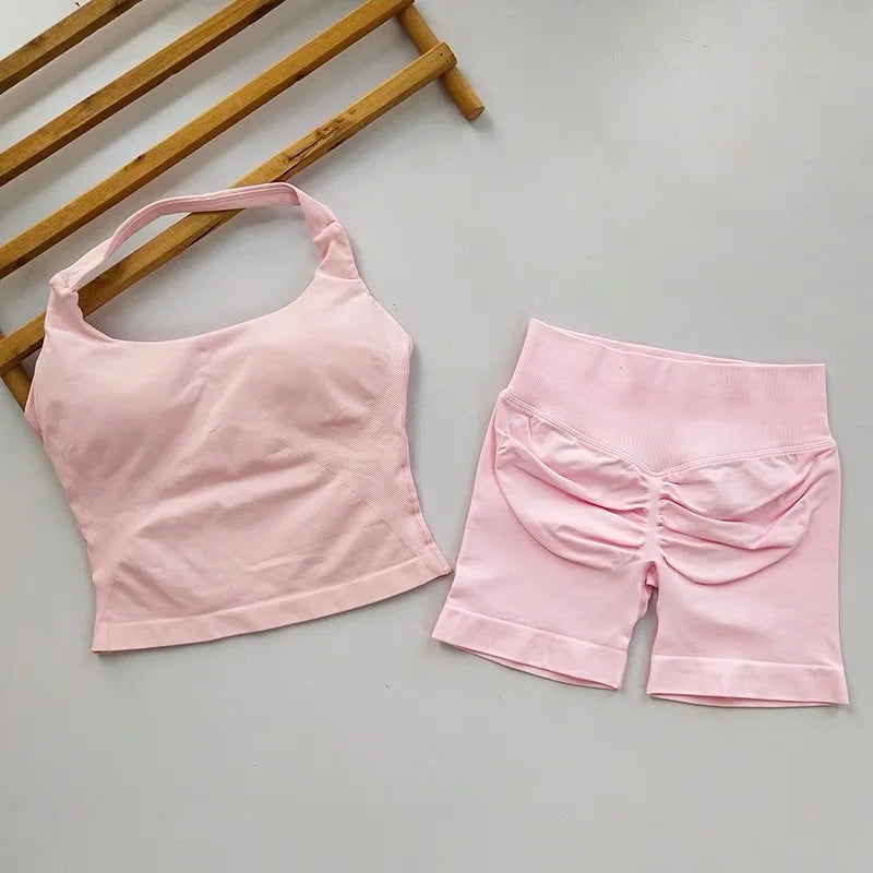 2PCs Peach High Waist Belly Hip Lifting Sports Bras Shorts Suit Gathering Shock-proof Neck Halter Yoga Suit Running Fitness Set