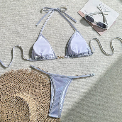 Shiny Pink Micro Bikini 2025 Mujer Women Sexy PU Pearls Push Up Thong Swimsuit Summer Bathing Suit Bandage Holiday Swimwear