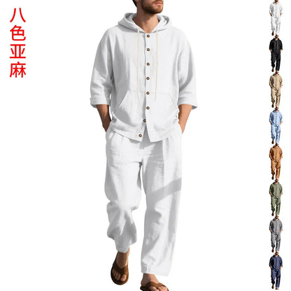 New Spring and Autumn Style Loose Men's Hoodie Set, Linen Material Beach Casual Two-Piece Suit