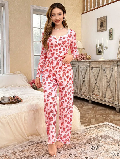 Women's 2 Piece Pajamas Set Ribbed Knit Heart Print Lace Trim Long Sleeve Lounge Wear Soft Sleepwear