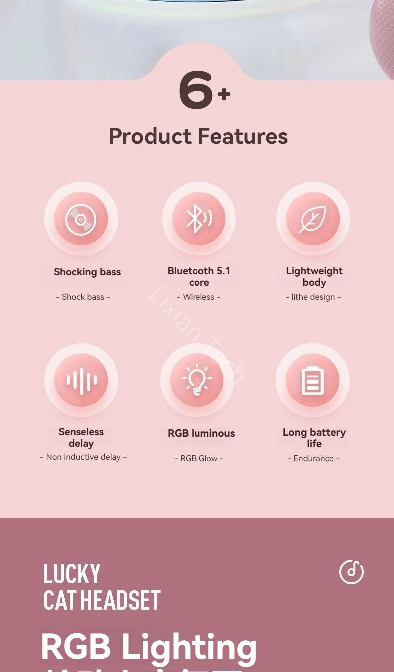 RGB Luminous Cat Ears Wireless Bluetooth Headphones With Microphone Headset Gamer Girl Call Noise Reduction Hifi Sale Handfree