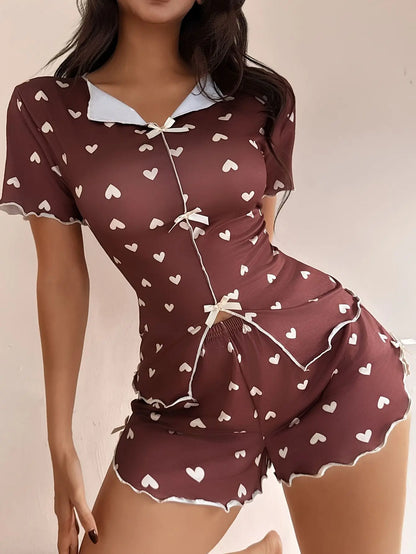 New Summer Women's Pajamas with Love Printed Collar, Short Sleeve Bow, Slim Fit, Comfortable and Soft Women's Home Clothes