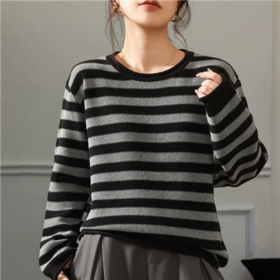 Fashion 100% pure cotton women's sweater autumn and winter casual striped knitted top loose Korean round neck women's pullover