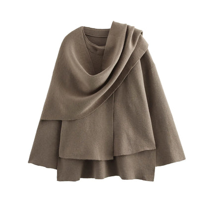 Knitted Coat Women – Warm Autumn Coat Female With Scarf Collar & Button Closure
