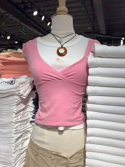 New Rose Red Slim Crop Top Woman Sexy V-neck Short Sleeve Cotton Cropped T-shirt Solid Casual Simple Sweet All-match Tee Tops