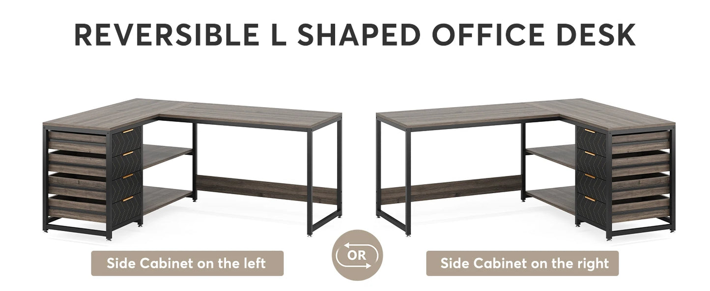 L Shaped Computer Desk - Reversible Corner Office Desk with Drawers & Shelves