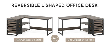 L Shaped Computer Desk - Reversible Corner Office Desk with Drawers & Shelves