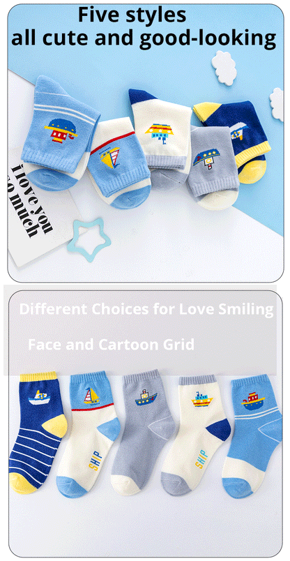 5 Pairs Of New Autumn And Winter Childrens Socks Striped Sailboat Boys Socks 4 to 8 Year Old Socks