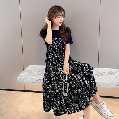 Women's T-shirt Fake two Pcs Korean style Summer Dress Mid-Length Floral Printed Boho Casual Daily Chiffon floral black Dress
