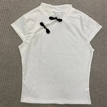Women's Beige Chinese Style Cheongsam Blouse Vintage Mandarin Collar Short Sleeve Crop Top with Frog Button Keyhole Asymmetrical