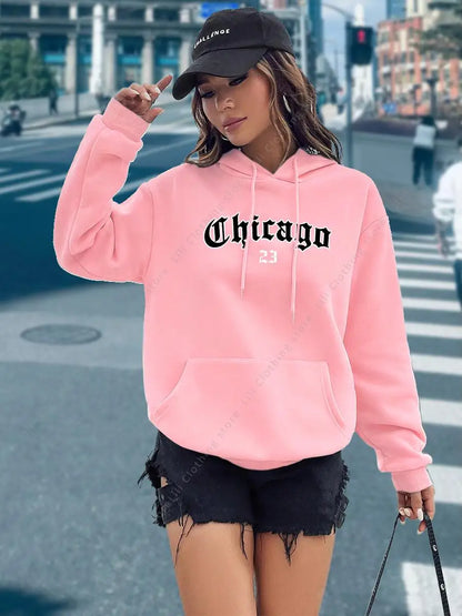 CHICAGO 23 Letter Hoodies Women's Hooded Sweatshirt Pullover Spring Autumn Top Aesthetic Y2K Street Sport Clothing Woman Hoody