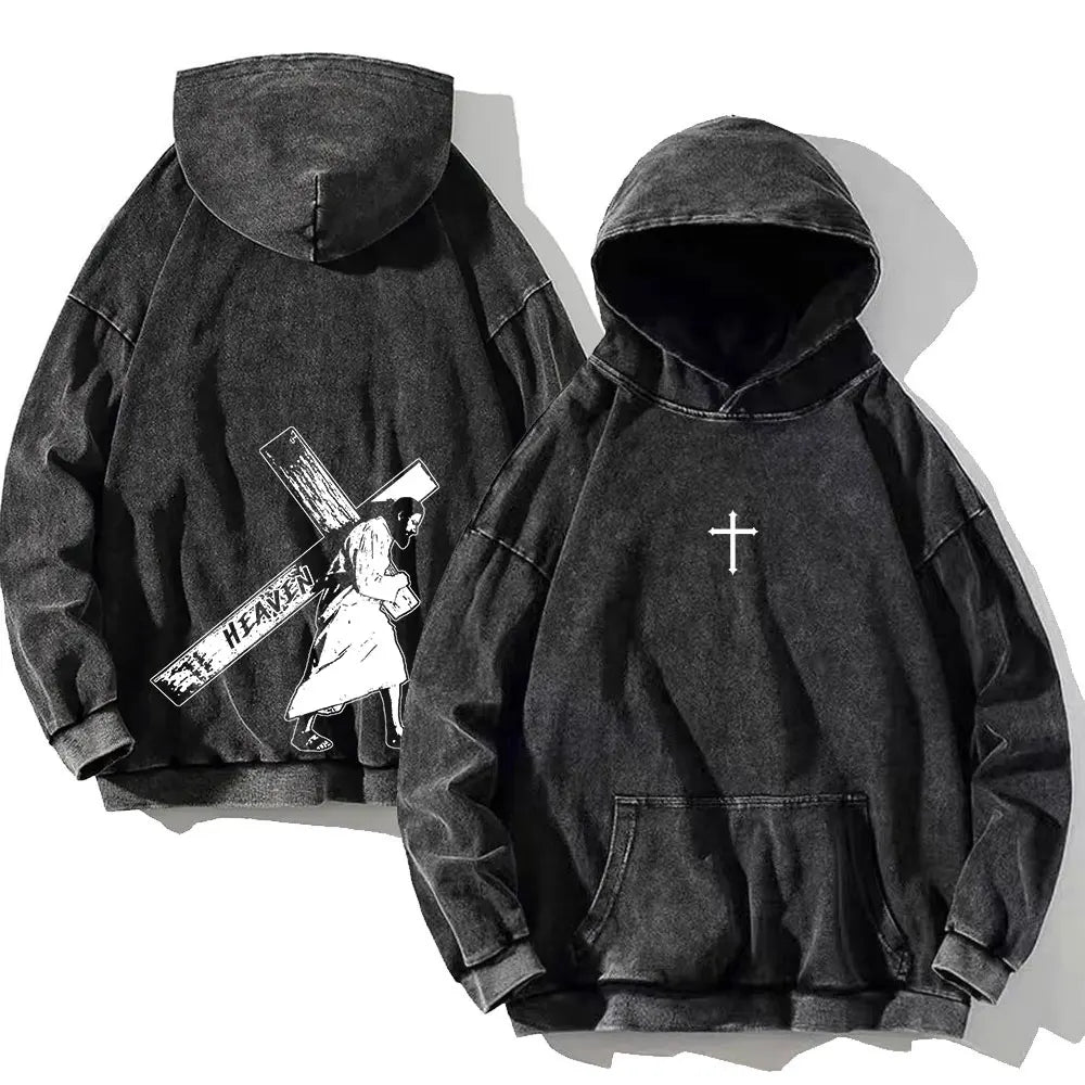 Vintage PSALM 91:11 Print Cotton Washed Hoodie Casual Hip Hop Men Women High Street Retro Hooded Sweatshirt Winter Pullover