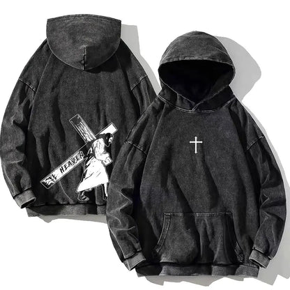 Vintage PSALM 91:11 Print Cotton Washed Hoodie Casual Hip Hop Men Women High Street Retro Hooded Sweatshirt Winter Pullover