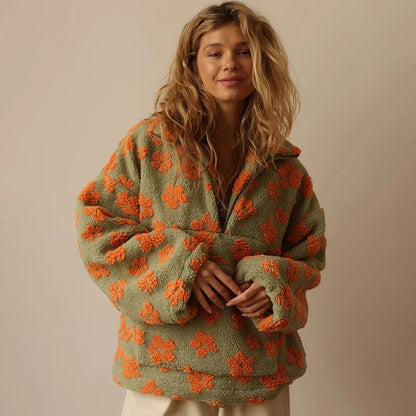 Fleece Flower Sweatshirt For Women 2025 Autumn Winter New Fashion Hoodies Warm Fur Top Zipper Pullovers Casual Outwear