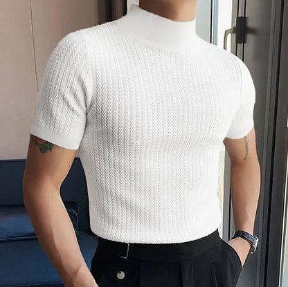 Men's High Neck T-Shirt – Casual Summer Knitted Base Tee | Breathable Polyester Top