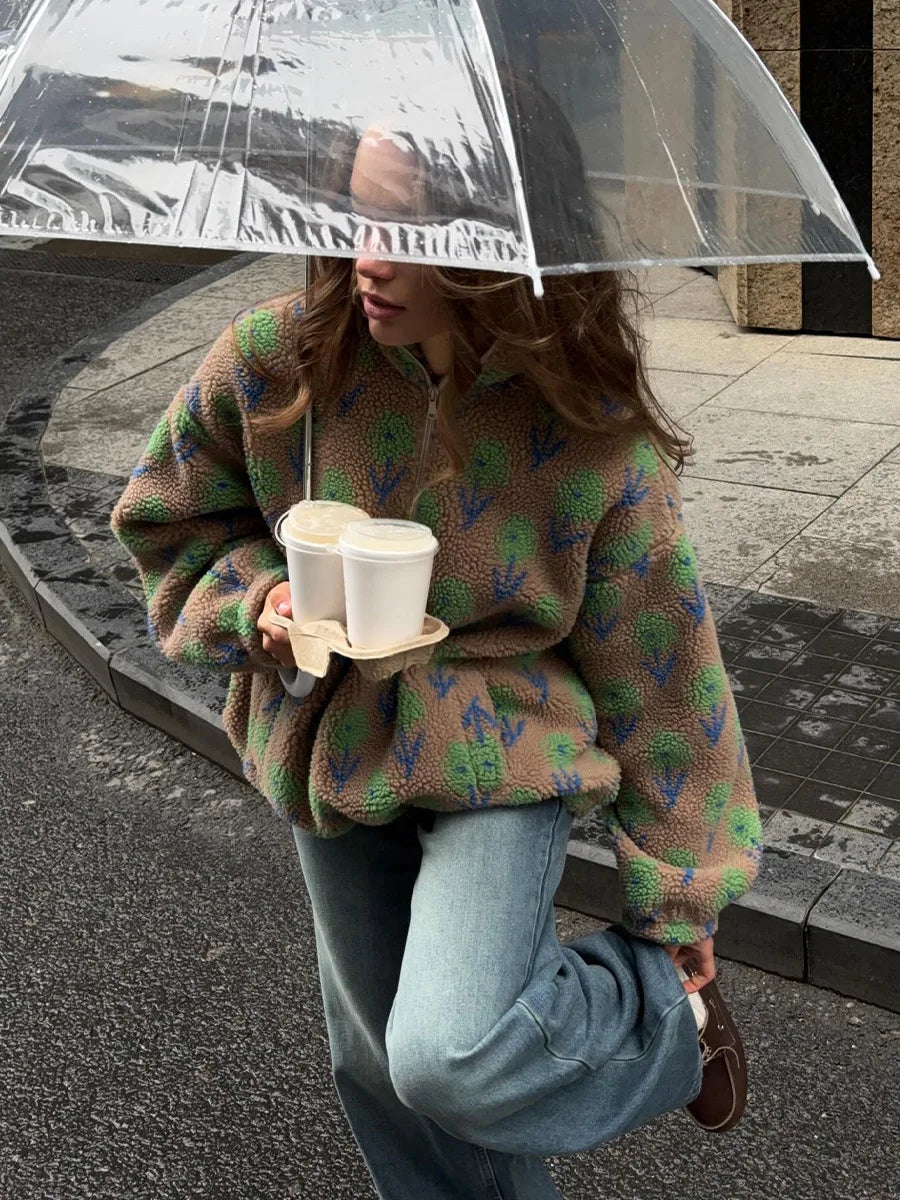 Bornladies Women's Autumn Winter New Fleece Jacquard Sweatshirt Half Zip Loose Hoodies High Neck Sweatshirt