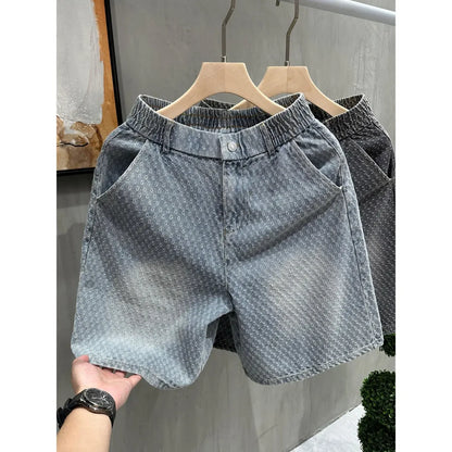 Retro Jacquard Washed Denim Shorts Men's Summer American Vibe Casual Straight Loose Five-Minute Pants
