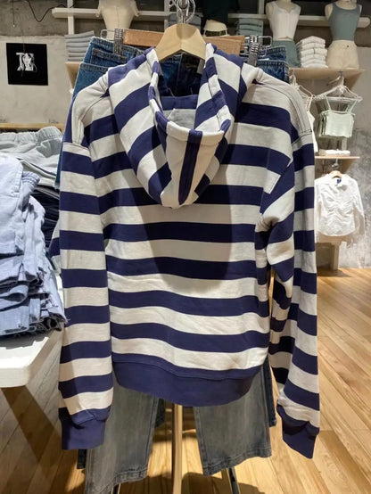 Striped Patchwork Zip-up Hoodie Autumn Cotton Pocket Drawstring Hooded Sweatshirt Women Y2k Streetwear Vintage Loose Tops Jacket