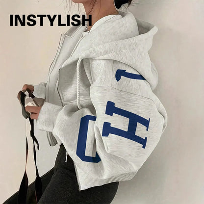 Women Y2K Crop Zip Up Hoodie Letter Print Oversized Long Sleeve Hooded Sweatshirt Casual Streetwear Short Jacket Outerwear