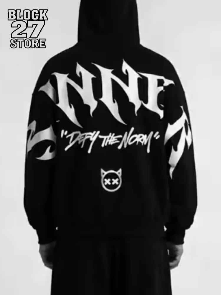 Mens Gothic Sinner Defy The Moon Print Oversized Hoodie Black Streetwear Motorcycle Riding Casual Pullover Hooded Sweatshirts