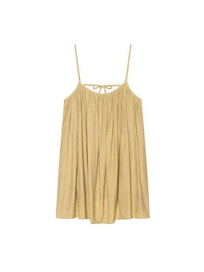 TFMLN Women Round Neck Pleated Sling Dresses Summer New Sleeveless Loose Fit Backless Solid Dress Fashion Holiday Casual Clothes