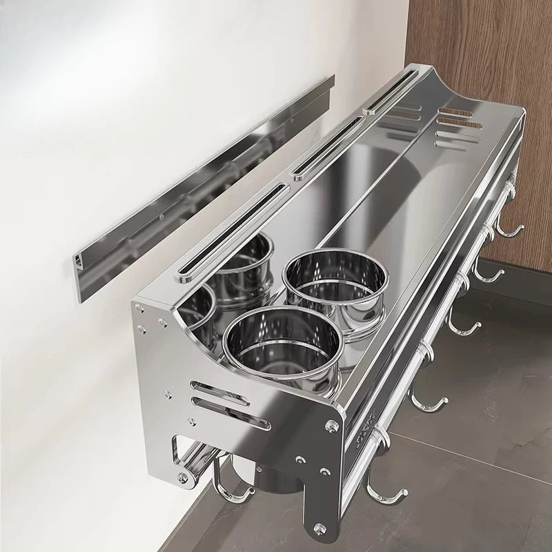 Stainless Steel Wall-Mounted Kitchen Storage Rack No-Drill Spice Shelf Knife Holder Condiment Organizer for Kitchen Counter