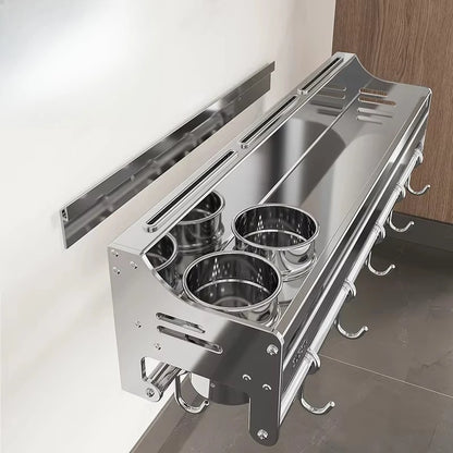 Stainless Steel Wall-Mounted Kitchen Storage Rack No-Drill Spice Shelf Knife Holder Condiment Organizer for Kitchen Counter