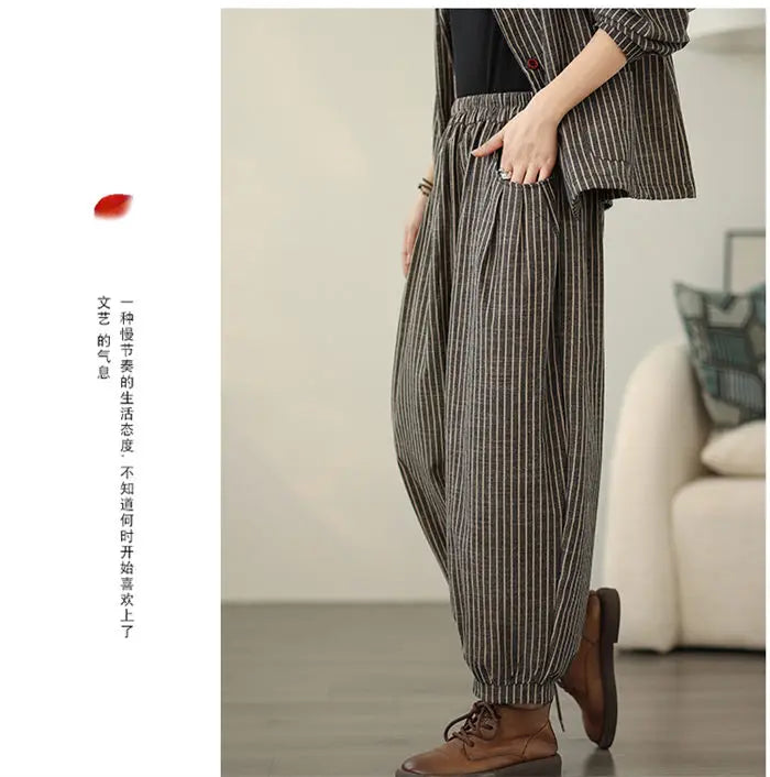 Retro Stripe Cotton And Linen Suit 2024 Women's Autumn Temperament Casual Wide Leg Harem Pants Loose Oversized 2 Piece Set K2478