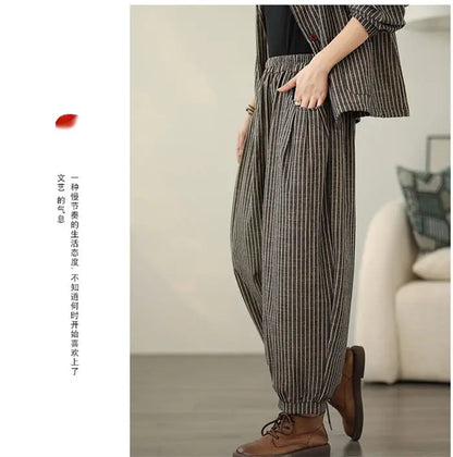 Retro Stripe Cotton And Linen Suit 2024 Women's Autumn Temperament Casual Wide Leg Harem Pants Loose Oversized 2 Piece Set K2478
